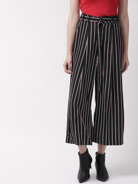 

Madame Women Black & Red Regular Fit Cropped Striped Parallel Trousers