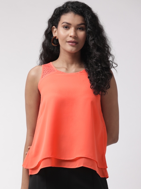 

Madame Women Coral Orange Solid Layered A-Line Top