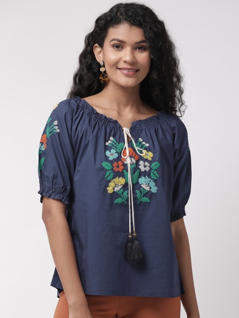 

Madame Women Navy Blue Embroidered Pure Cotton Top