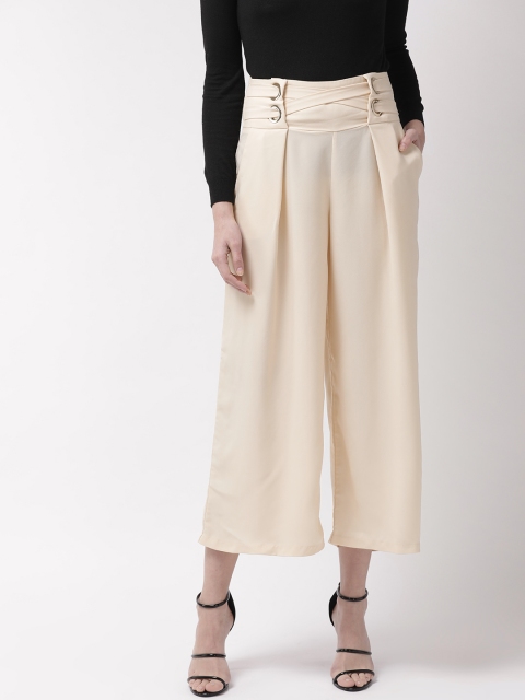 

Madame Women Cream-Coloured Regular Fit Solid Cropped Parallel Trousers