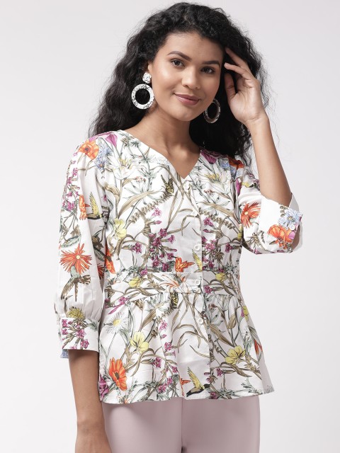 

Madame Women White & Green Printed A-Line Top