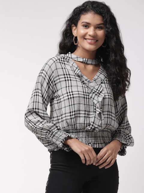 

Madame Women Charcoal Grey & Black Checked Blouson Top