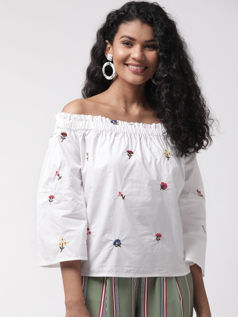 

Madame Women White & Olive Green Embroidered Bardot Top