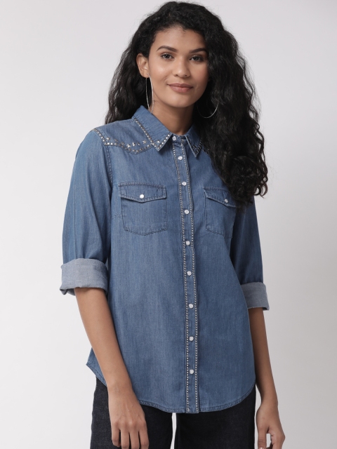 

Madame Women Blue Regular Fit Solid Chambray Casual Shirt