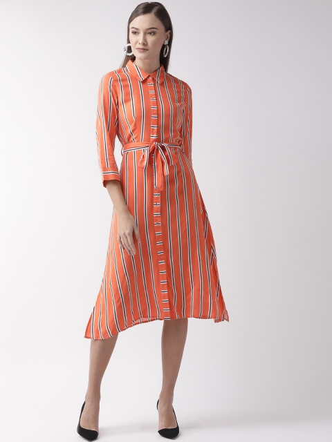 

Madame Women Coral Orange Striped Shirt Dress