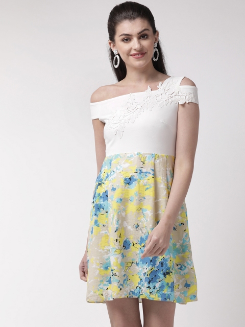 

Madame Women White & Yellow Printed One-Shoulder A-Line Dress