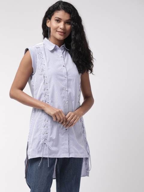 

Madame Women Navy Blue & White Regular Fit Striped Casual Shirt