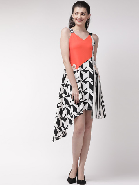 

Madame Women White & Coral Orange Printed A-Line Dress