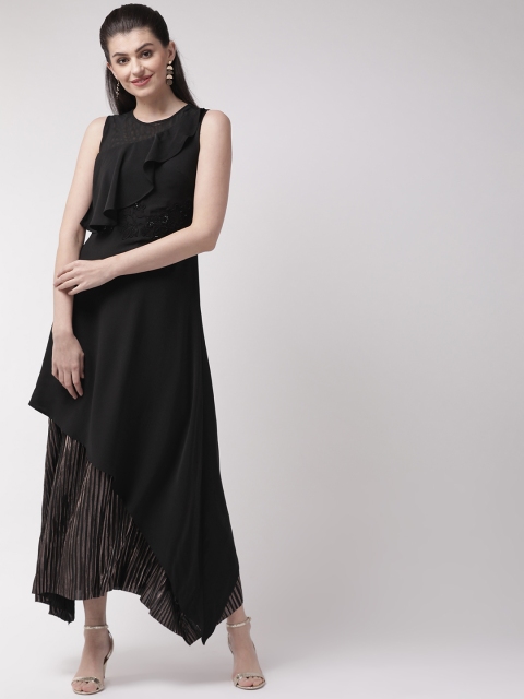 

Madame Women Black & Golden Solid Layered Maxi Dress