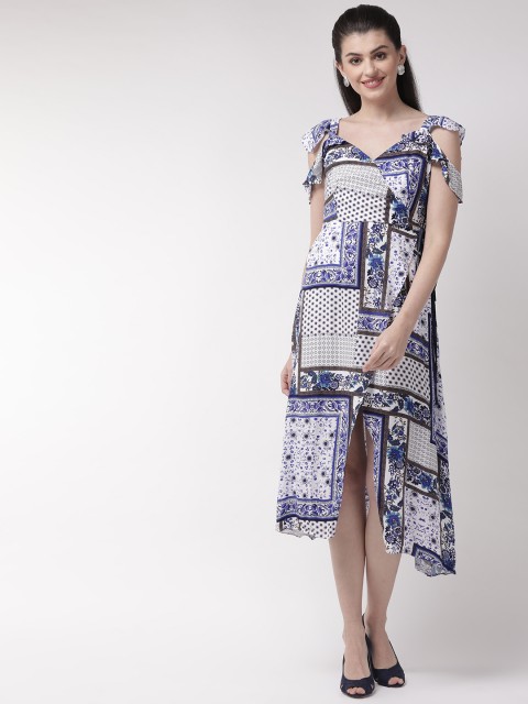 

Madame Women White & Blue Printed Cold-Shoulder Wrap Dress