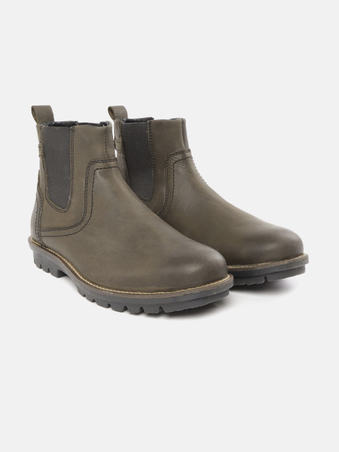 

Woodland Men Dark Olive Green Solid Leather Mid-Top Wide Fit Chelsea Boots