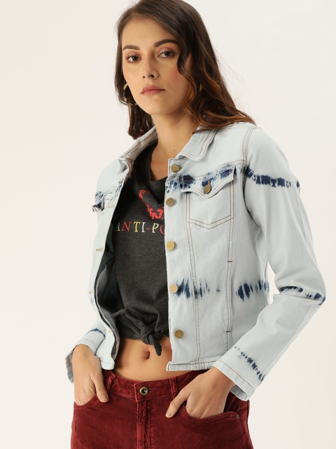 

DressBerry Women Blue Tie & Dye Washed Print Crop Denim Jacket