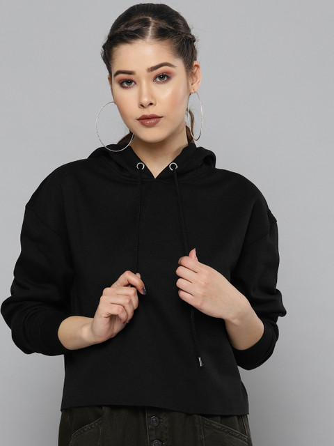 

VividArtsy Women Black Solid Oversized Cropped Hooded Sweatshirt