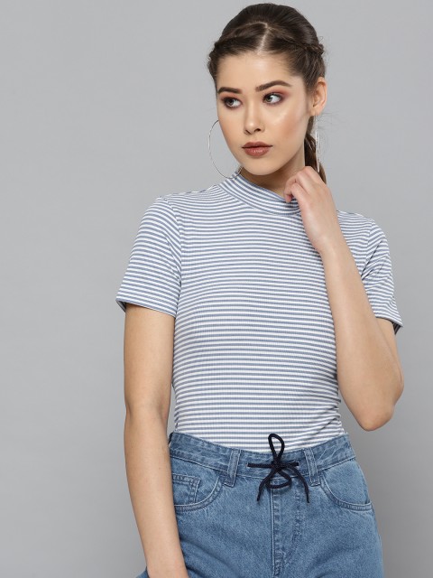 

VividArtsy Women Blue & White Striped High Neck T-shirt