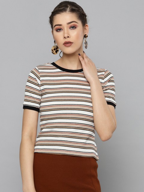 

VividArtsy Women White & Brown Striped Slim Fit Round Neck T-shirt