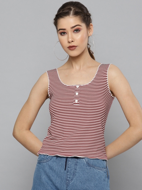 

VividArtsy Women Maroon & White Striped Regular Top