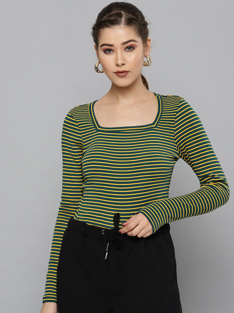 

VividArtsy Women Green & Yellow Striped Fitted Top
