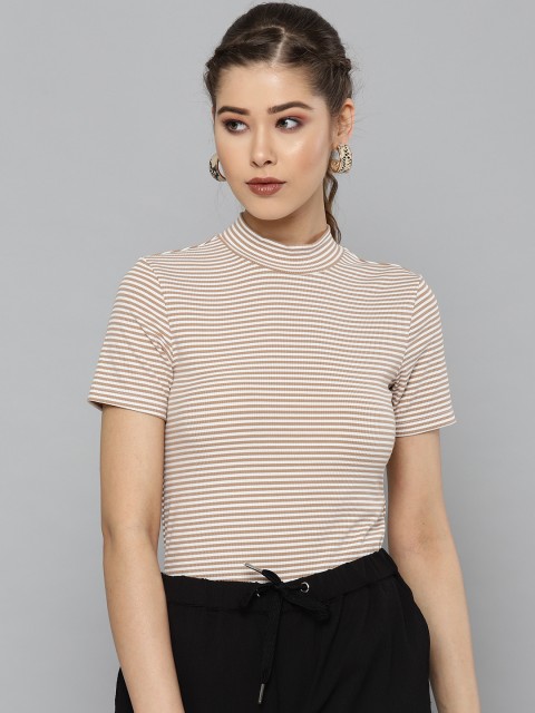 

VividArtsy Women Beige & White Striped High Neck T-shirt