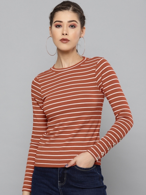 

VividArtsy Women Rust Brown & White Striped Round Neck T-shirt