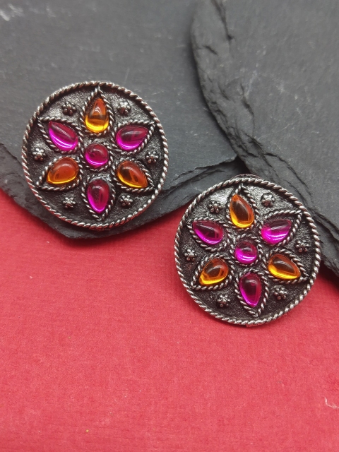 

Fida Silver-Toned & Pink Circular Oxidized Studs