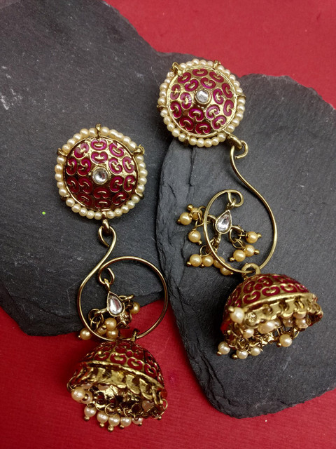 

Fida Gold-Toned & Red Dome Shaped Jhumkas