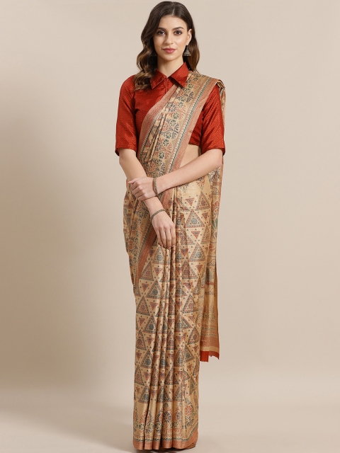 

Saree mall Beige & Rust Orange Silk Blend Printed Bhagalpuri Saree