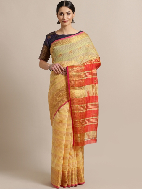 

Saree mall Mustard Yellow & Pink Silk Cotton Striped Saree