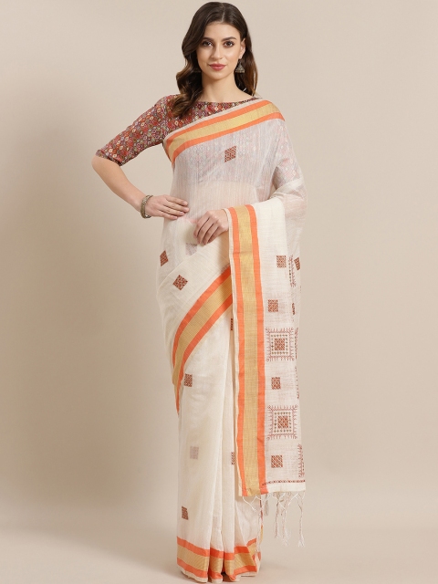 

Saree mall Cream-Coloured & Orange Embroidered Chanderi Saree