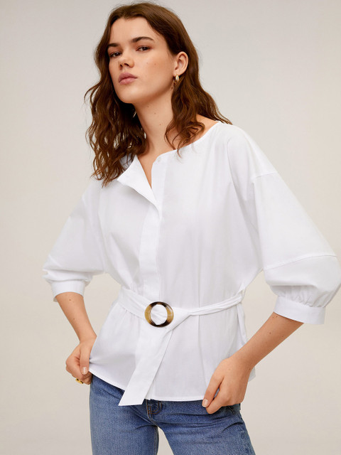 

MANGO Women White Solid Pure Cotton Top with Belt