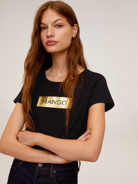

MANGO Women Black Golden Typography Printed Round Neck Pure Cotton T-shirt