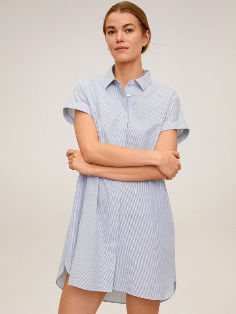 

MANGO Women Blue & White Striped Shirt Dress