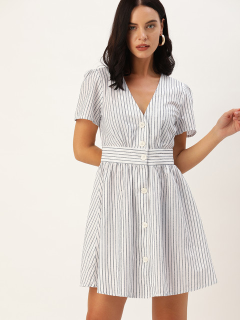 

MANGO Women White & Navy Blue Striped Mini A-Line Dress