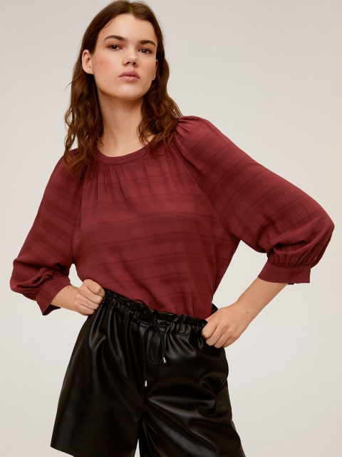 

MANGO Women Rust Brown Self-Striped Top