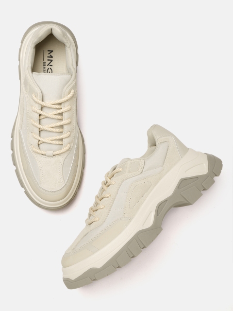 

MANGO Women Off-White Solid Leather Sneakers