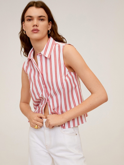 

MANGO Women White & Red Regular Fit Striped Casual Shirt