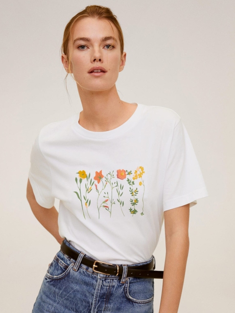 

MANGO Women White & Green Floral Printed Organic Cotton Round Neck T-shirt