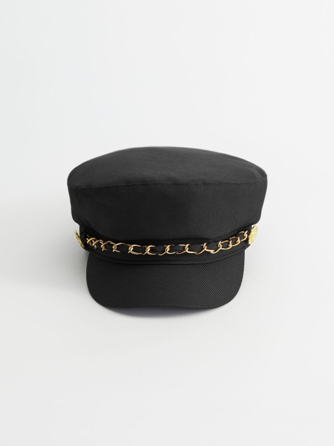 

MANGO Women Black & Gold-Toned Self-Striped Breton Hat with Chain Detail