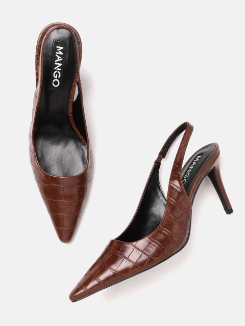 

MANGO Women Brown Croc Textured Pumps