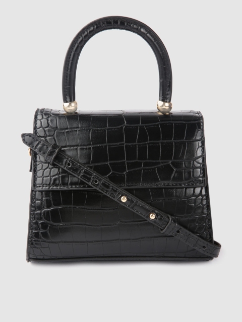 

MANGO Black Croc Textured Satchel Bag with Detachable Sling Strap
