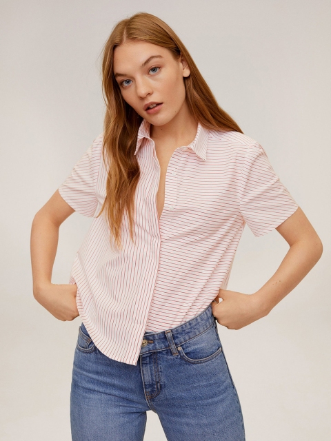 

MANGO Women Off-White & Red Striped Shirt Style Top