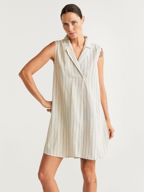

MANGO Women Beige & Black Striped Shift Dress