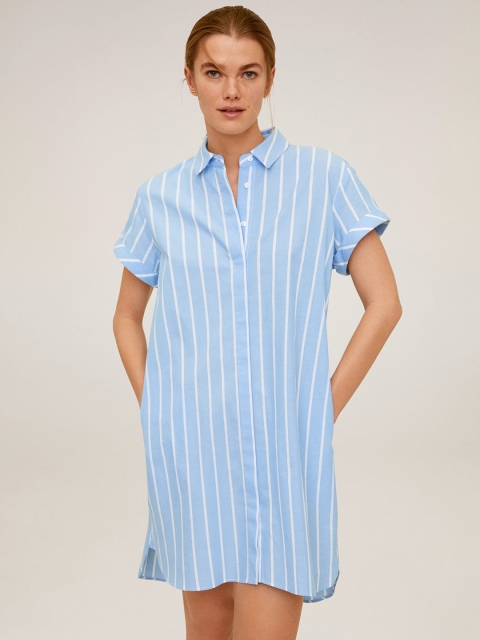 

MANGO Women Blue Striped Shirt Dress