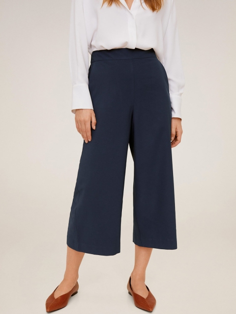 

MANGO Women Navy Blue Regular Fit Solid Cropped Parallel Trousers