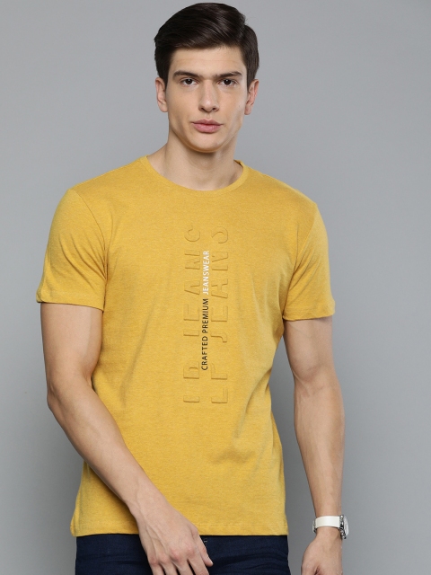 

Louis Philippe Jeans Men Mustard Yellow Slim Fit Embossed Round Neck T-shirt