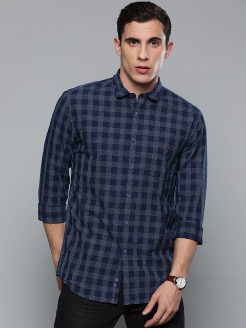 

Louis Philippe Jeans Men Navy Blue & White Super Slim Fit Checked Casual Shirt