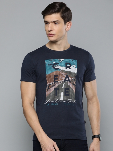 

Louis Philippe Jeans Men Navy Blue Slim Fit Printed Round Neck Pure Cotton T-shirt