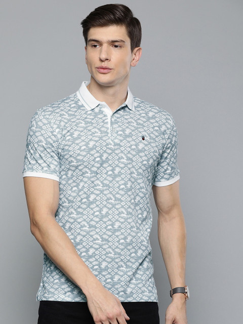 

Louis Philippe Jeans Men Navy Blue & White Slim Fit Printed Polo Collar T-shirt