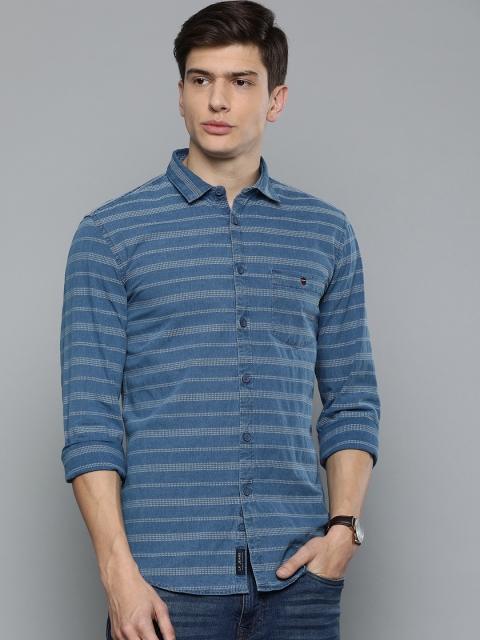 

Louis Philippe Jeans Men Navy Blue & White Striped Super Slim Fit Casual Shirt