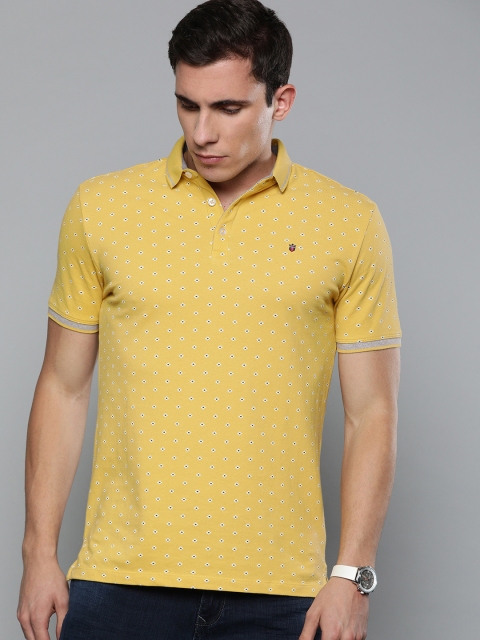 

Louis Philippe Jeans Men Yellow Off White Slim Fit Printed Polo Collar Pure Cotton T-shirt