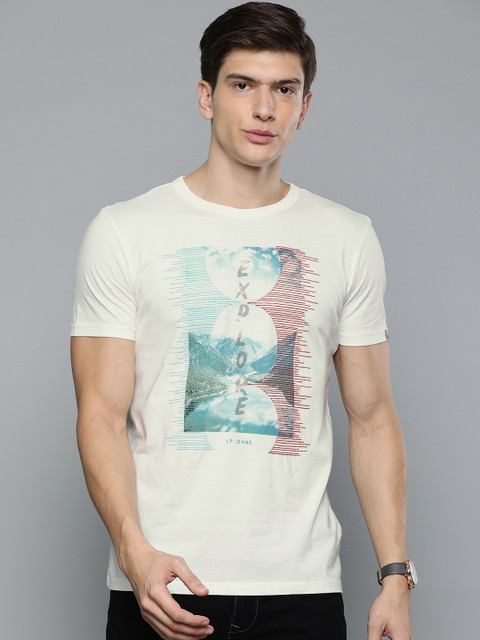 

Louis Philippe Jeans Men White Slim Fit Printed Round Neck T-shirt with Embroidered Detail